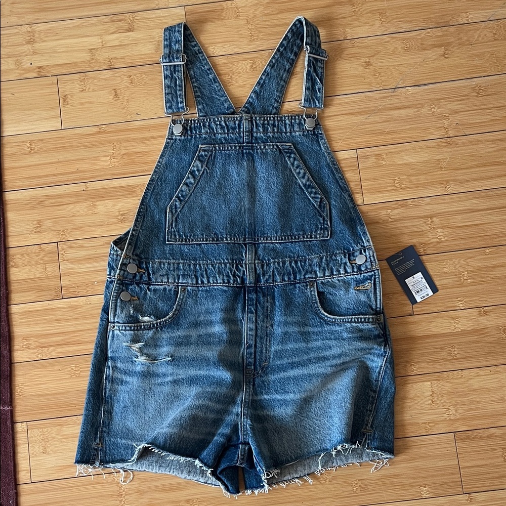 NWT Denim Short Overalls with Distressed Details